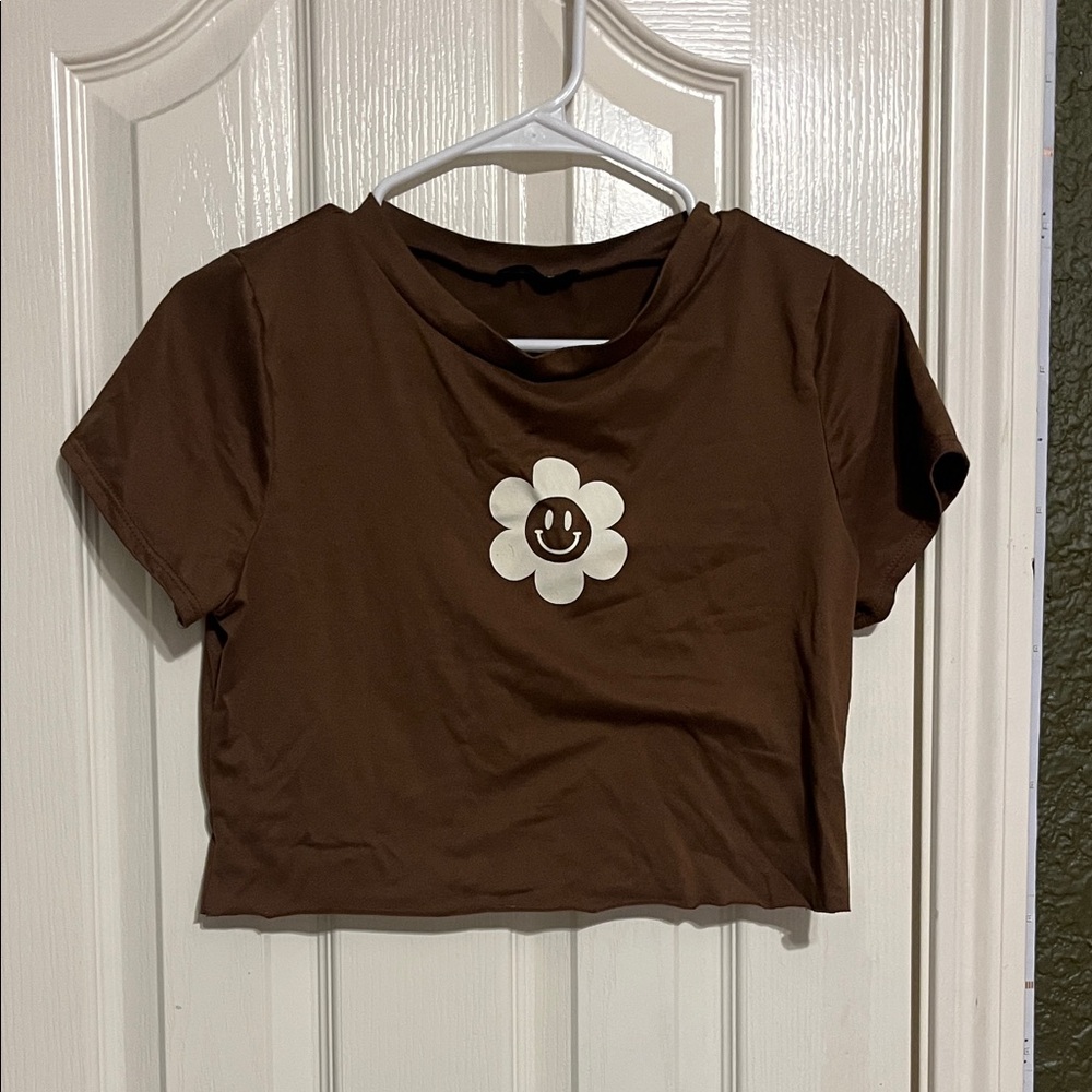 Brown Crop Top with Smiley Flower